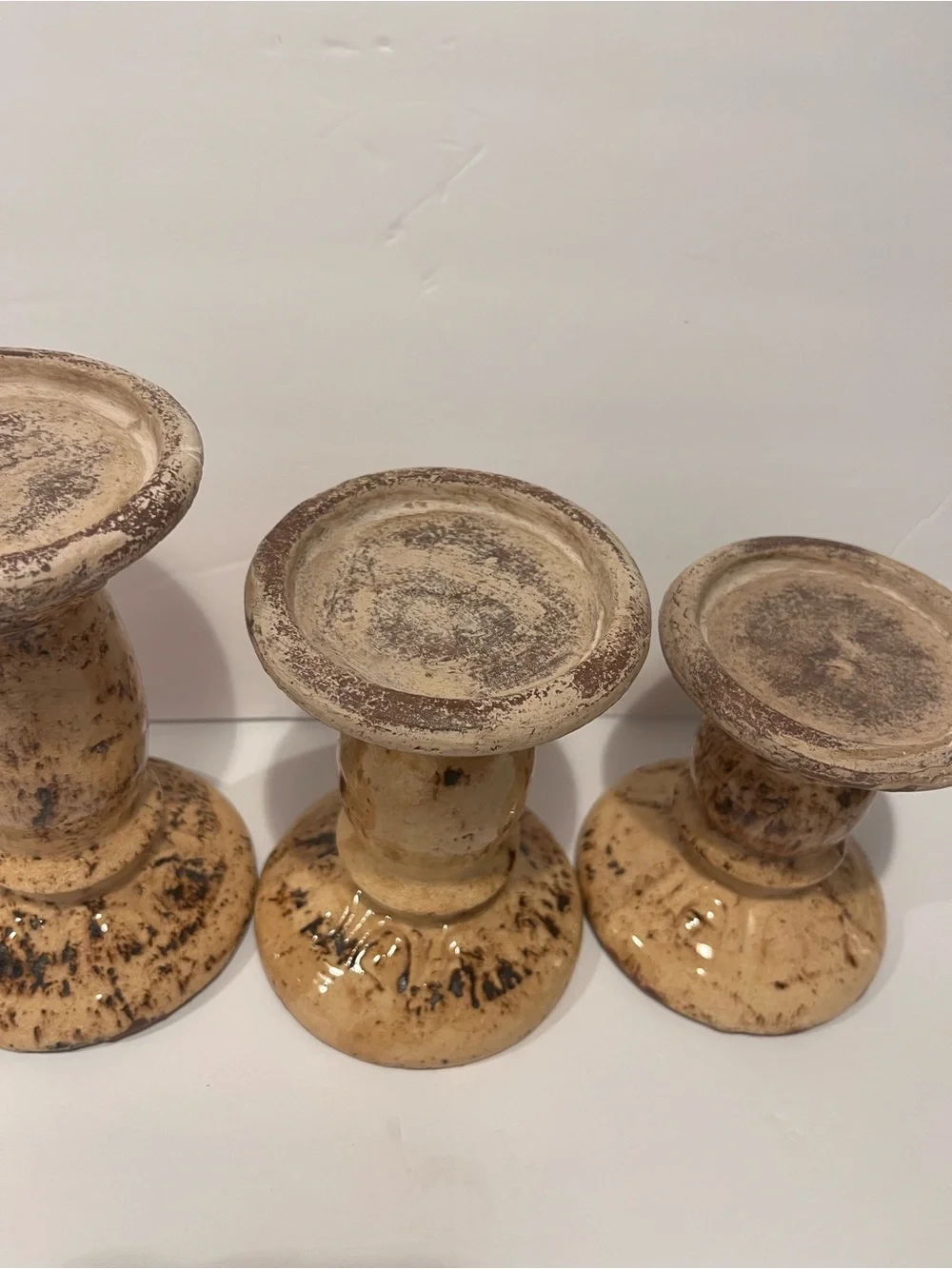 Vintage French Glazed Terracotta Pillar Candleholders Set of 3 Rare